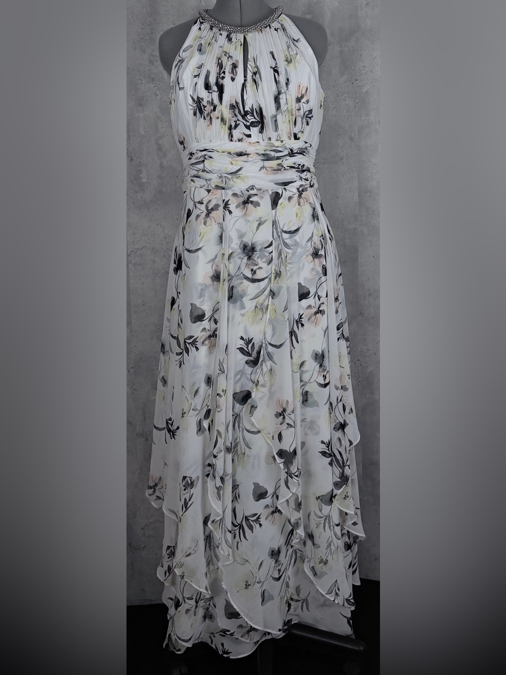 Calvin Klein Halter Gown 12 White Floral Chiffon Beaded Maxi Wedding Guest Dress
